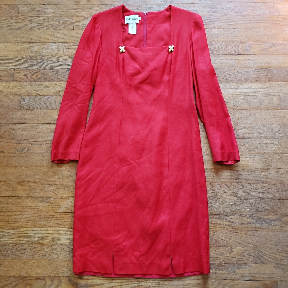 Vintage 1980s Red gold-tone Joan Leslie sexy Rayon Long Sleeve Dress sz 14 XL